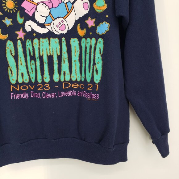 Vintage Sagittarius Zodiac Sweatshirt M Parachute Cat Graphic Stars Navy Teal - Picture 3 of 8